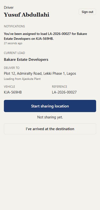 The driver's phone page showing the current load, destination, truck and reference, with a Start sharing location button