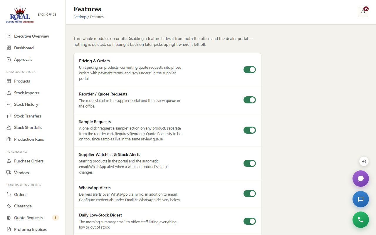 The Features page listing each optional feature with a description and an on/off switch