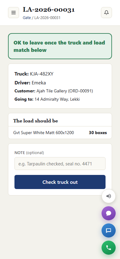 The gate check on a phone: a green OK to leave banner, the truck, driver and load, and a Check truck out button