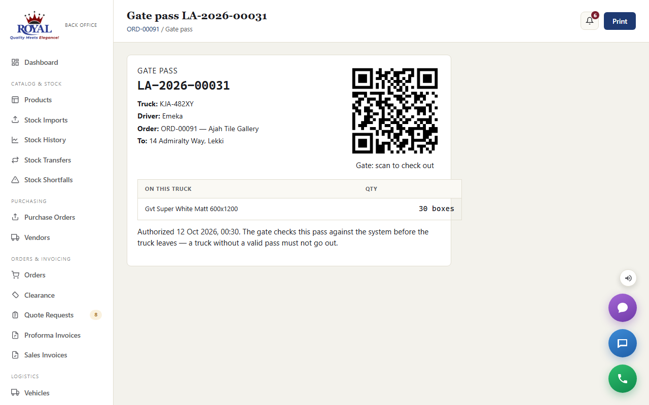 A printed gate pass with the pass number, truck, driver, order, destination, a QR code and the load