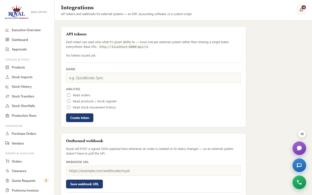 The Integrations page with access keys and the outbound webhook address
