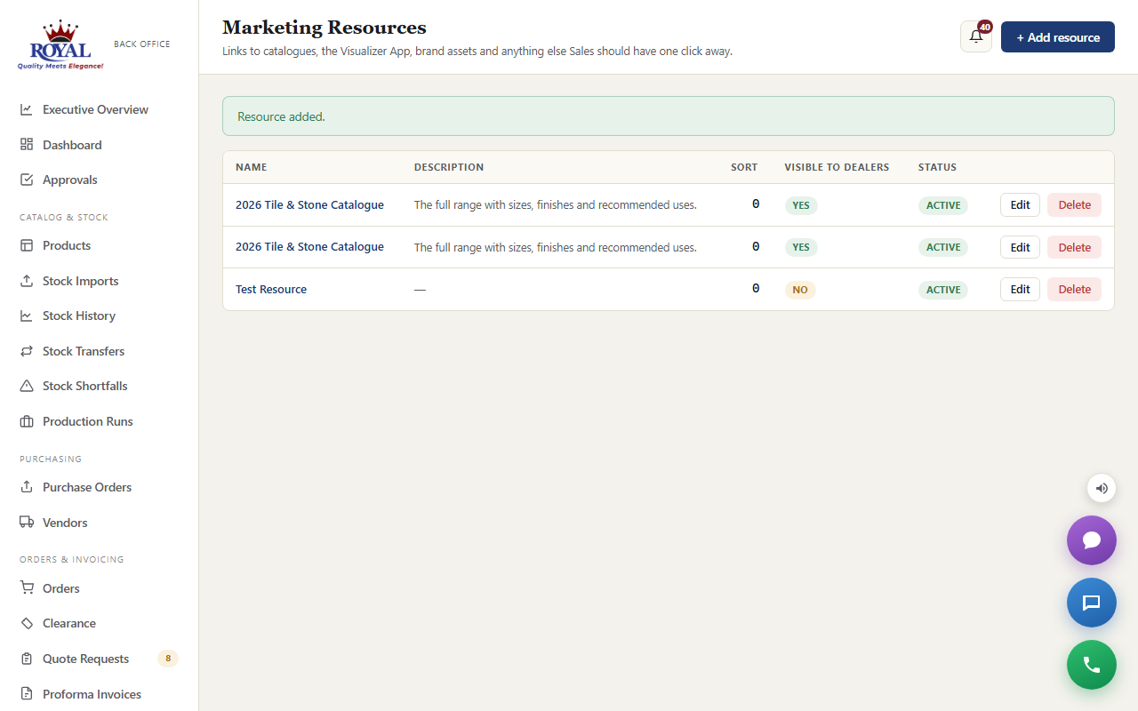 The office Marketing Resources list with each resource's name, link and description