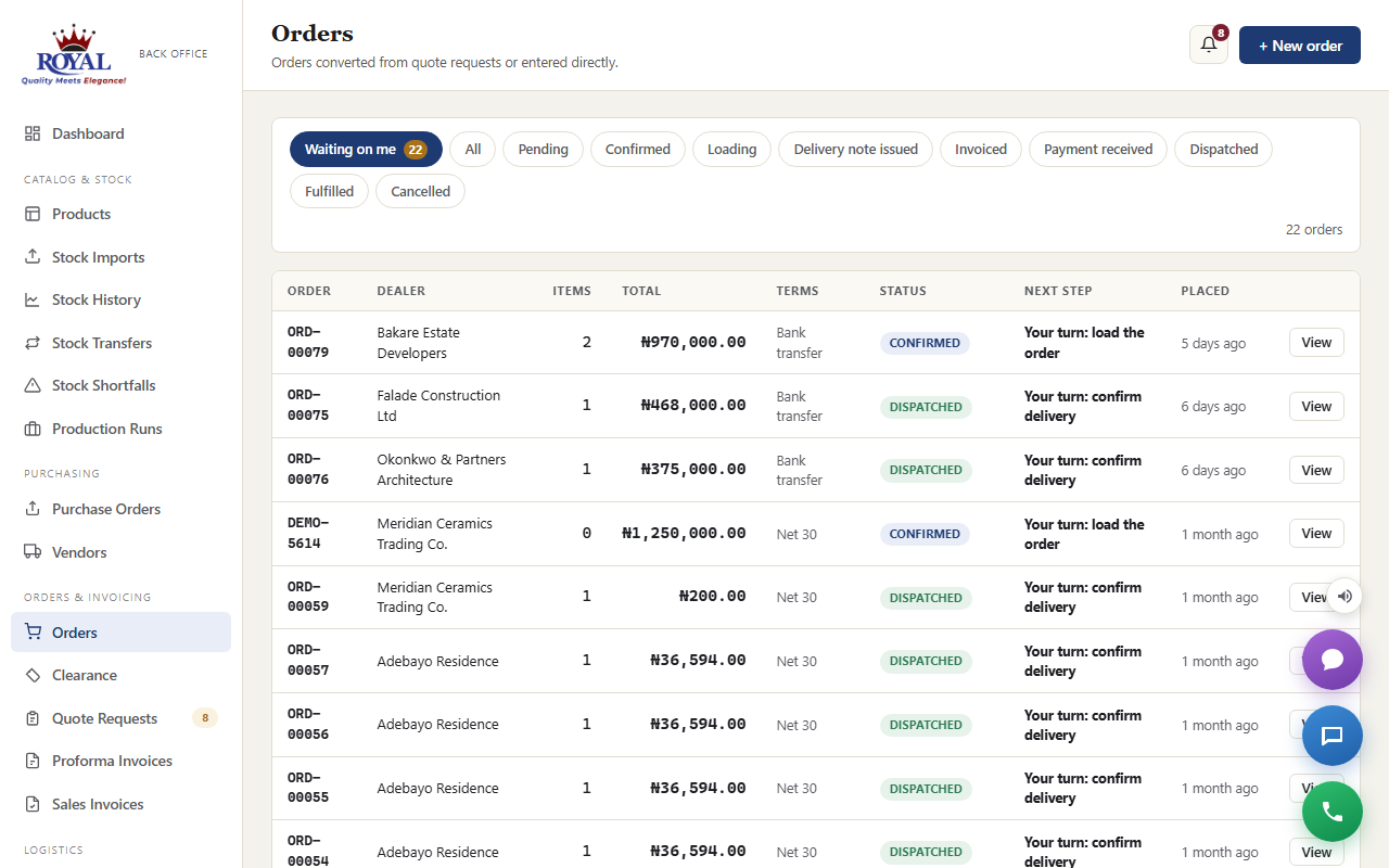 The Orders list filtered to Waiting on me, with a Next step column saying Your turn: load the order or confirm delivery