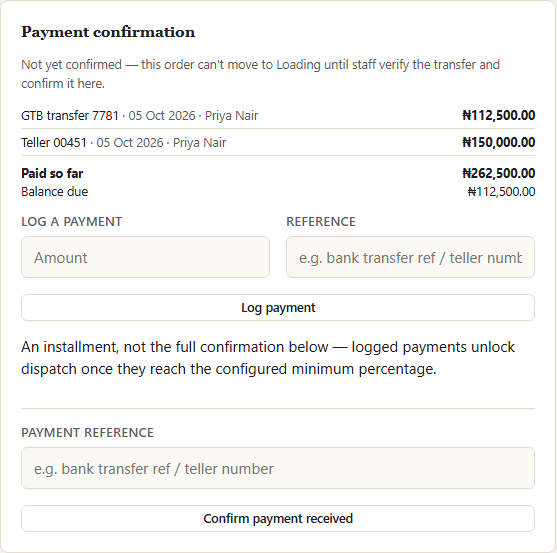 The Payment confirmation card listing two logged instalments with references, the amount paid so far and the balance due