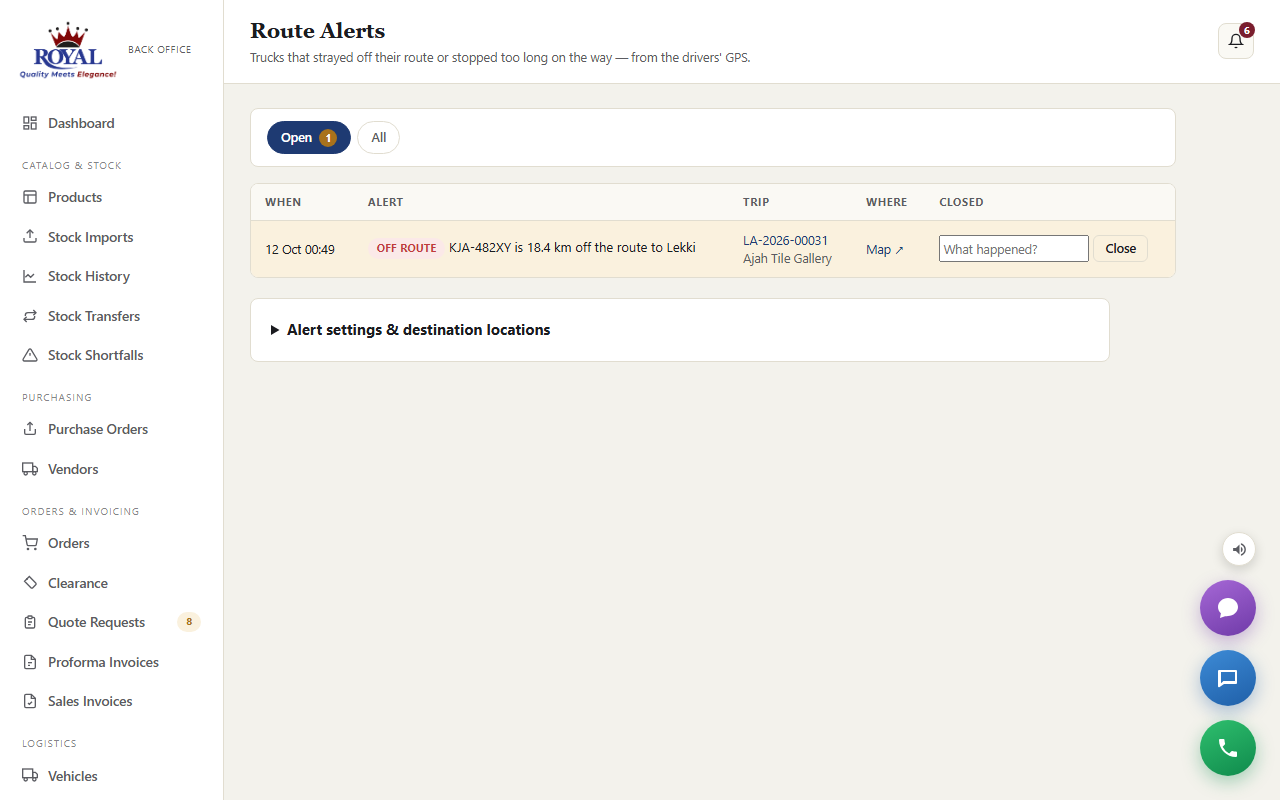 Route Alerts: an open off-route alert with the trip, a map link, a box to say what happened and a Close button
