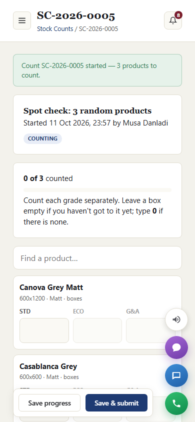 The stock counting screen on a phone: one card per product with STD, ECO and G&A boxes, and a Save progress and Save and submit bar