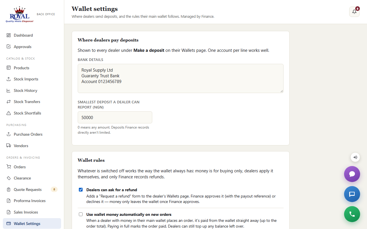 The Wallet settings page with bank details, the smallest deposit amount, and three wallet rule switches
